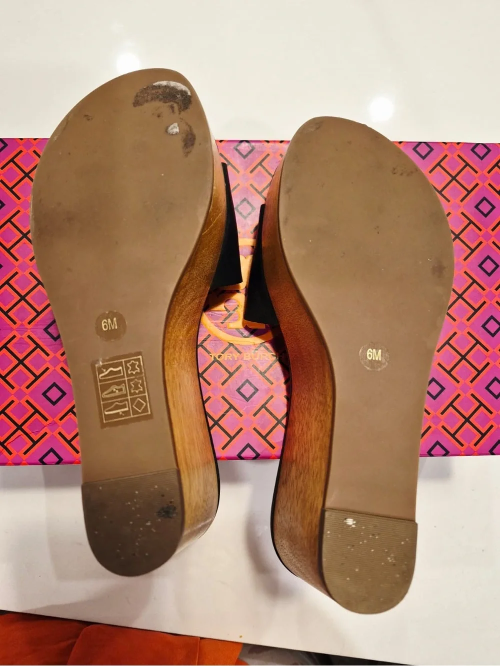 Tory Burch Black Leather Wood-Effect Wedge Slide Sandals - Women size 6